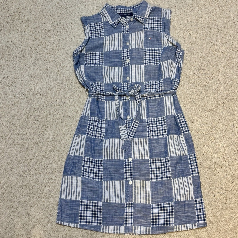 Tommy Hilfiger Blue Plaid Patchwork Sleeveless Shirt Dress Womens 8 Tie Waist - Picture 8 of 12